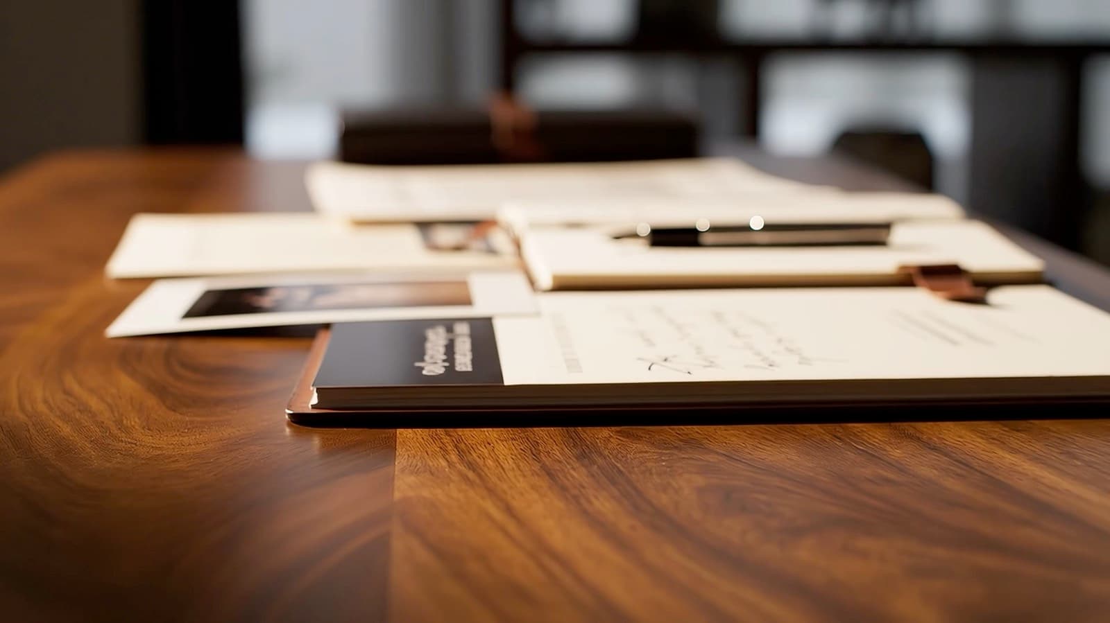 A frame from the production — evidence laid out with documentary precision: photographs, a report, a case file.